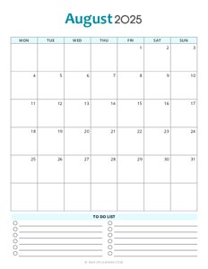 August 2025 Monthly Calendar - Monday Start