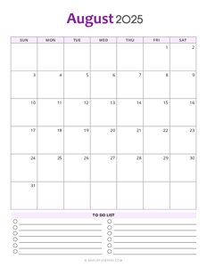 August 2025 Monthly Calendar - Sunday Start