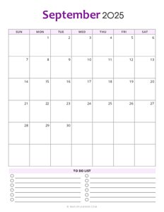 September 2025 Monthly Calendar - Sunday Start