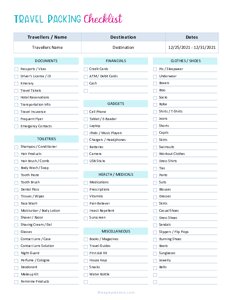 Editable Travel Packing Checklist with Headings