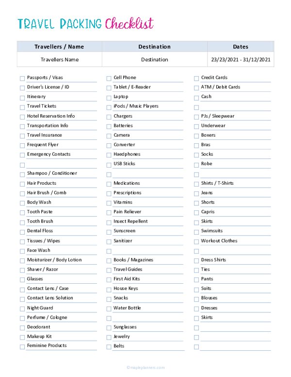 Editable Travel Packing Checklist - No Headings