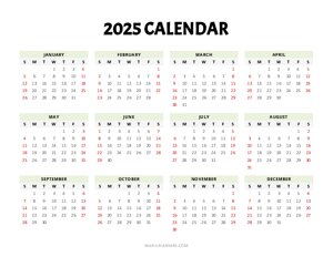 2025 Year at a Glance Template (Landscape)