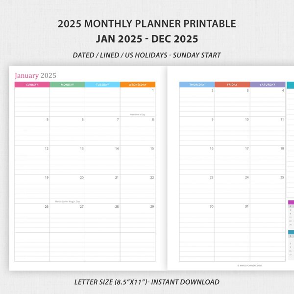 2025 Monthly Planner Calendar - Lined and Dated (Sunday Start)