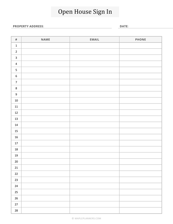 Open House Sign-In Sheet