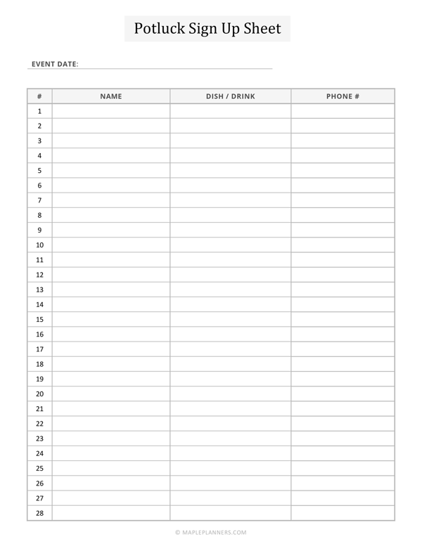 Potluck Sign-Up Sheet