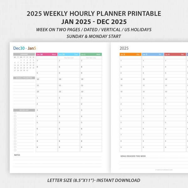 2025 Weekly Hourly Planner Printable