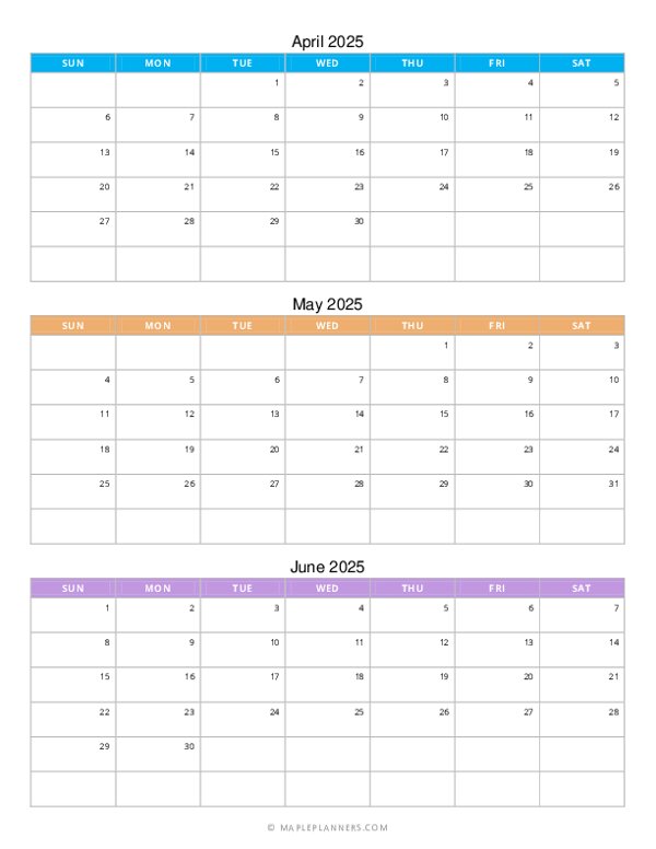 Quarterly Monthly Calendar 2025: April to June