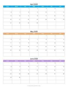 Quarterly Monthly Calendar 2025: April to June