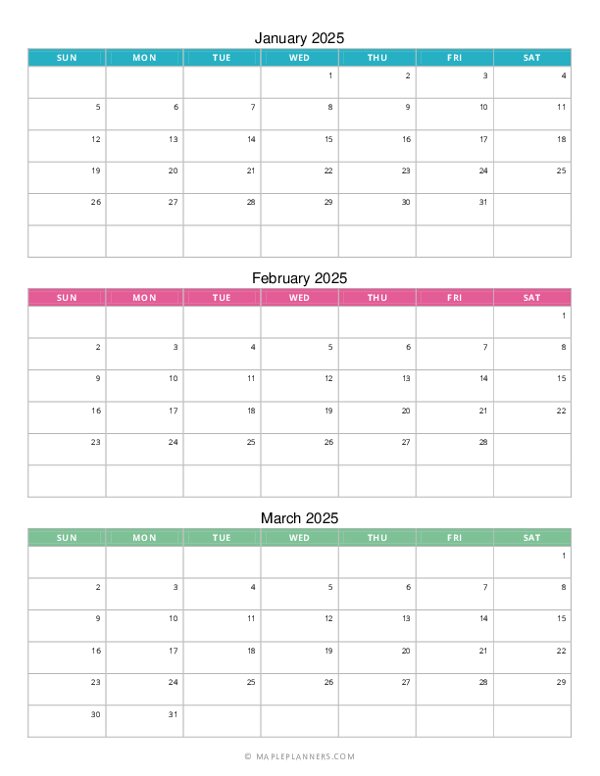 Quarterly Monthly Calendar 2025: January to March