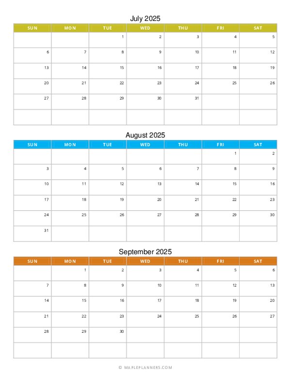 Quarterly Monthly Calendar 2025: July to September