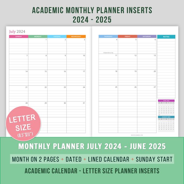 Monthly Academic Calendar: July 2024 - June 2025