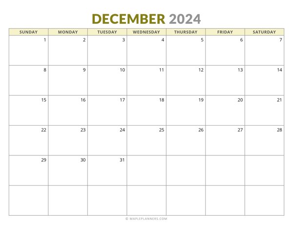 December 2024 Monthly Calendar (Sunday Start)