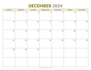 December 2024 Monthly Calendar (Sunday Start)