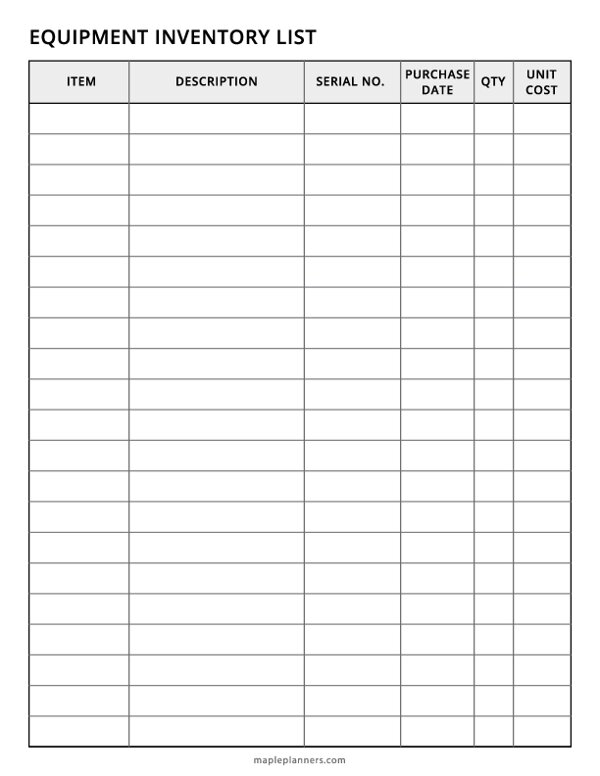 Equipment Inventory List Template