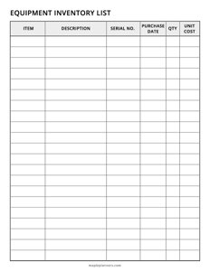 Equipment Inventory List Template