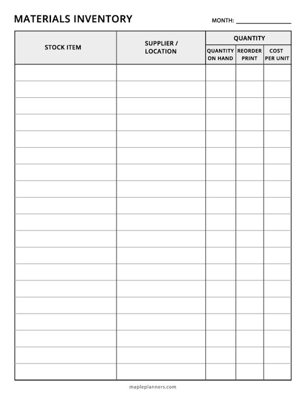 Materials Inventory Template