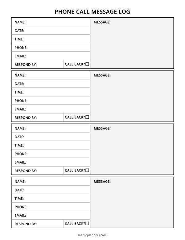 Printable Phone Call Message Log