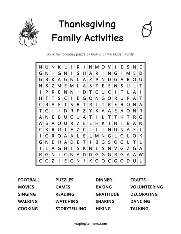 Thanksgiving Family Activities Word Search - Medium