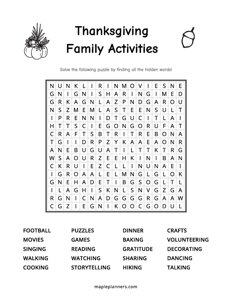 Thanksgiving Family Activities Word Search - Medium