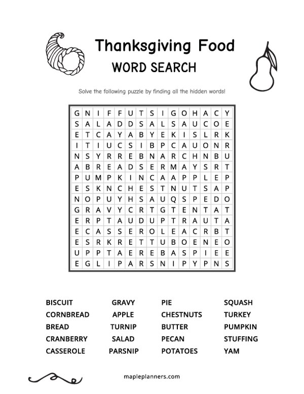 Thanksgiving Food Word Search - Medium