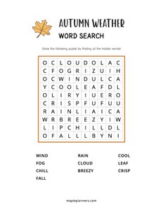 Autumn Weather Word Search - Easy