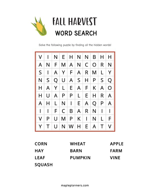 Fall Harvest Word Search - Easy