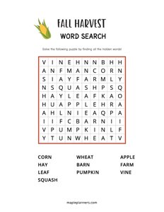 Fall Harvest Word Search - Easy