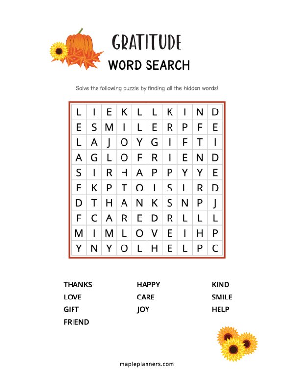 Gratitude Word Search - Easy