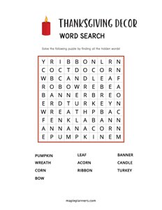 Thanksgiving Decor Word Search - Easy