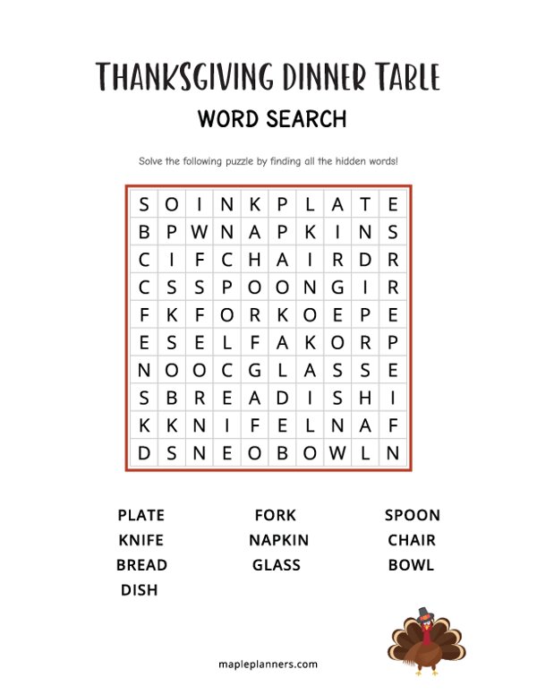 Thanksgiving Dinner Table Word Search - Easy