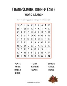 Thanksgiving Dinner Table Word Search - Easy