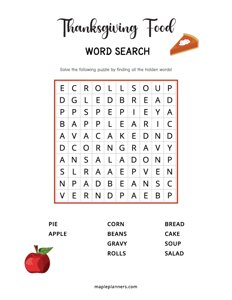 Thanksgiving Food Word Search - Easy