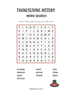 Thanksgiving History Word Search - Easy