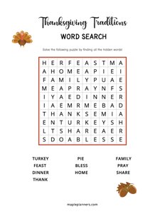 Thanksgiving Traditions Word Search - Easy