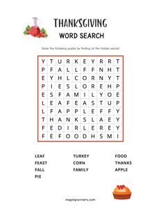 Thanksgiving Word Search - Easy