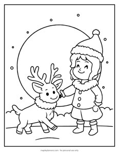 Girl with a Reindeer Coloring Page