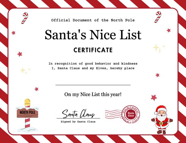 Santas Nice List Certificate