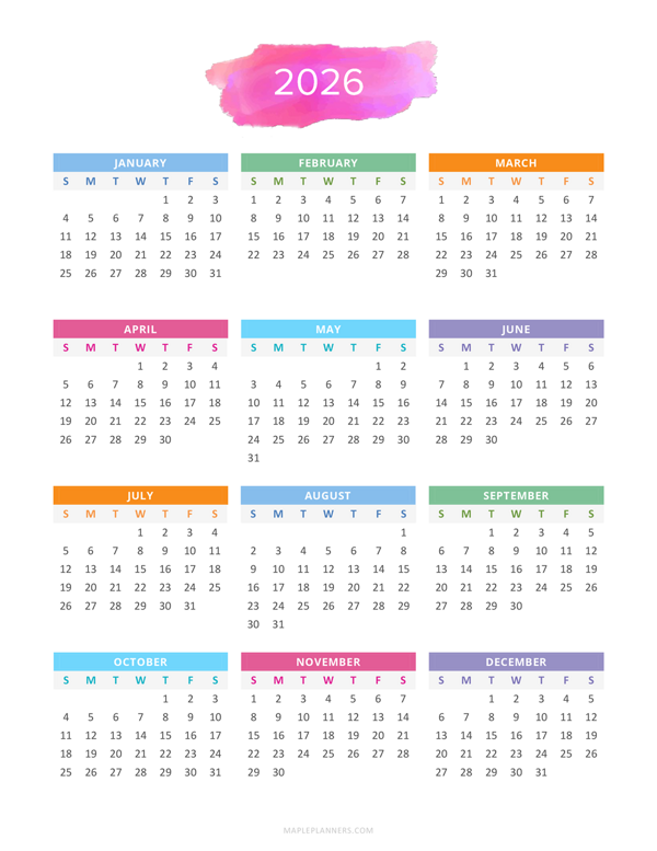 2026 Year at a Glance | Desktop Calendar