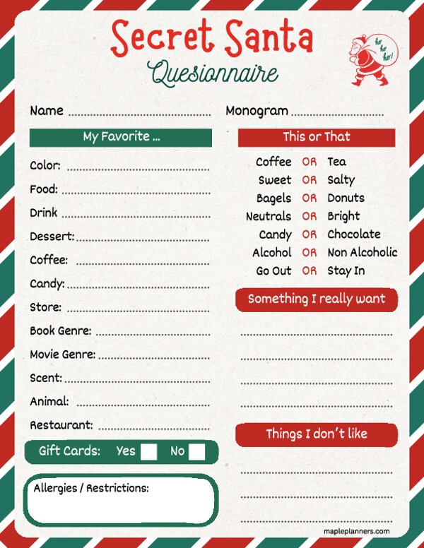 Secret Santa Form for Adults