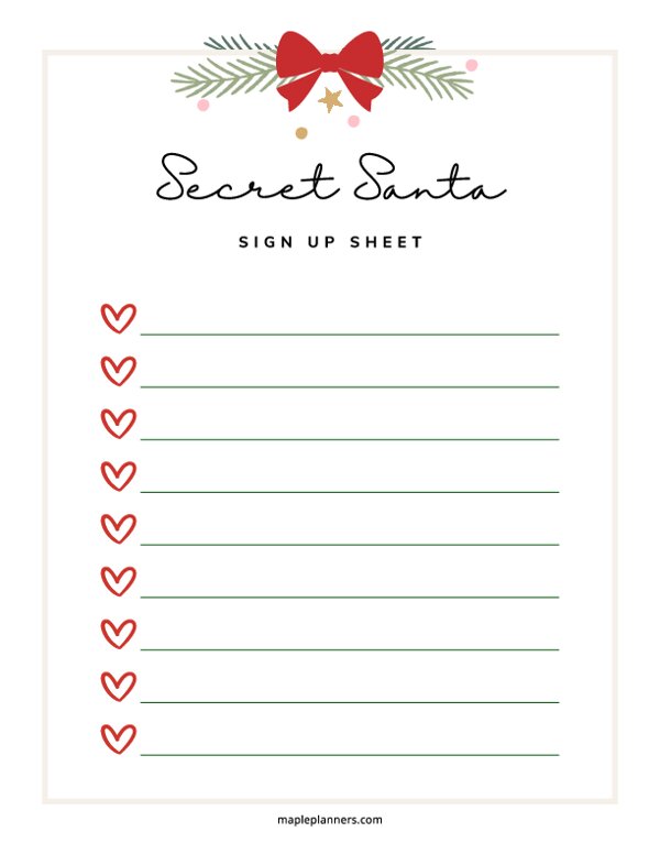 Secret Santa Signup Sheet for Gift Exchange