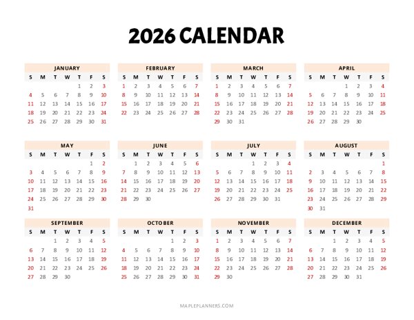 2026 Yearly Calendar (Landscape)