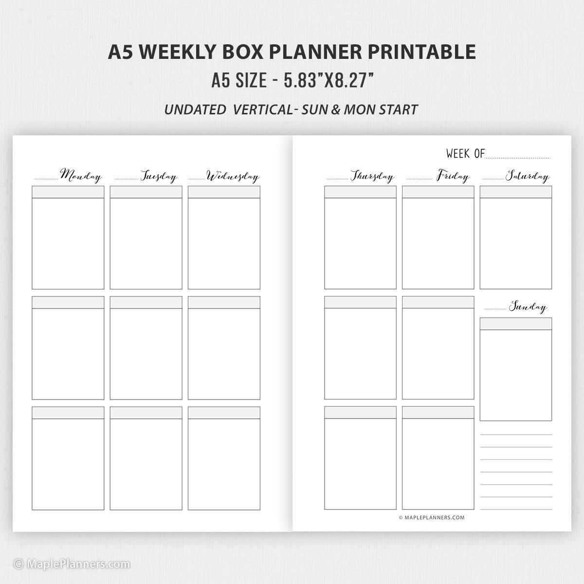 Weekly Printable Inserts A5 Planner Refill Weekly Agenda 