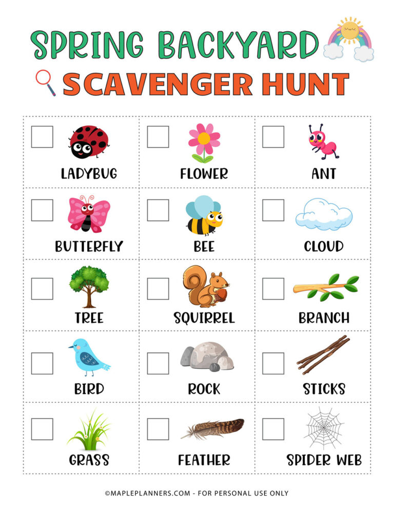 Printable Spring Backyard Scavenger Hunt for Kids