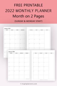 2022 Monthly Calendar Template - Month on 2 Pages