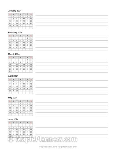 Make your own Six Month Calendar Printable with Writing Space