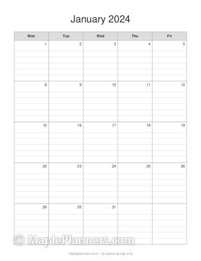 Make your own 5-Day Monthly Calendar Printable
