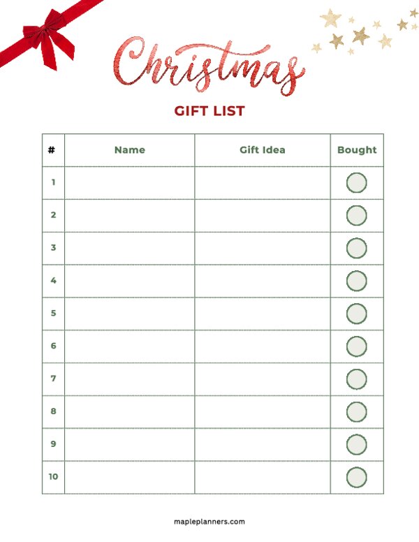 Christmas Gift List Printable