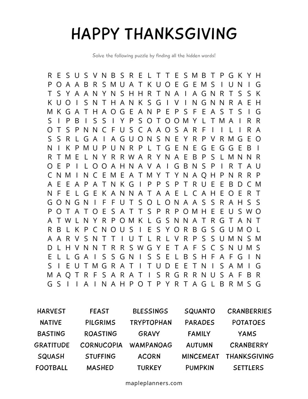 Happy Thanksgiving Word Search - Hard