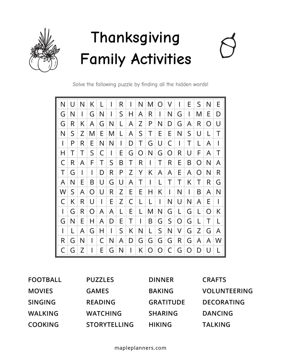 Thanksgiving Family Activities Word Search