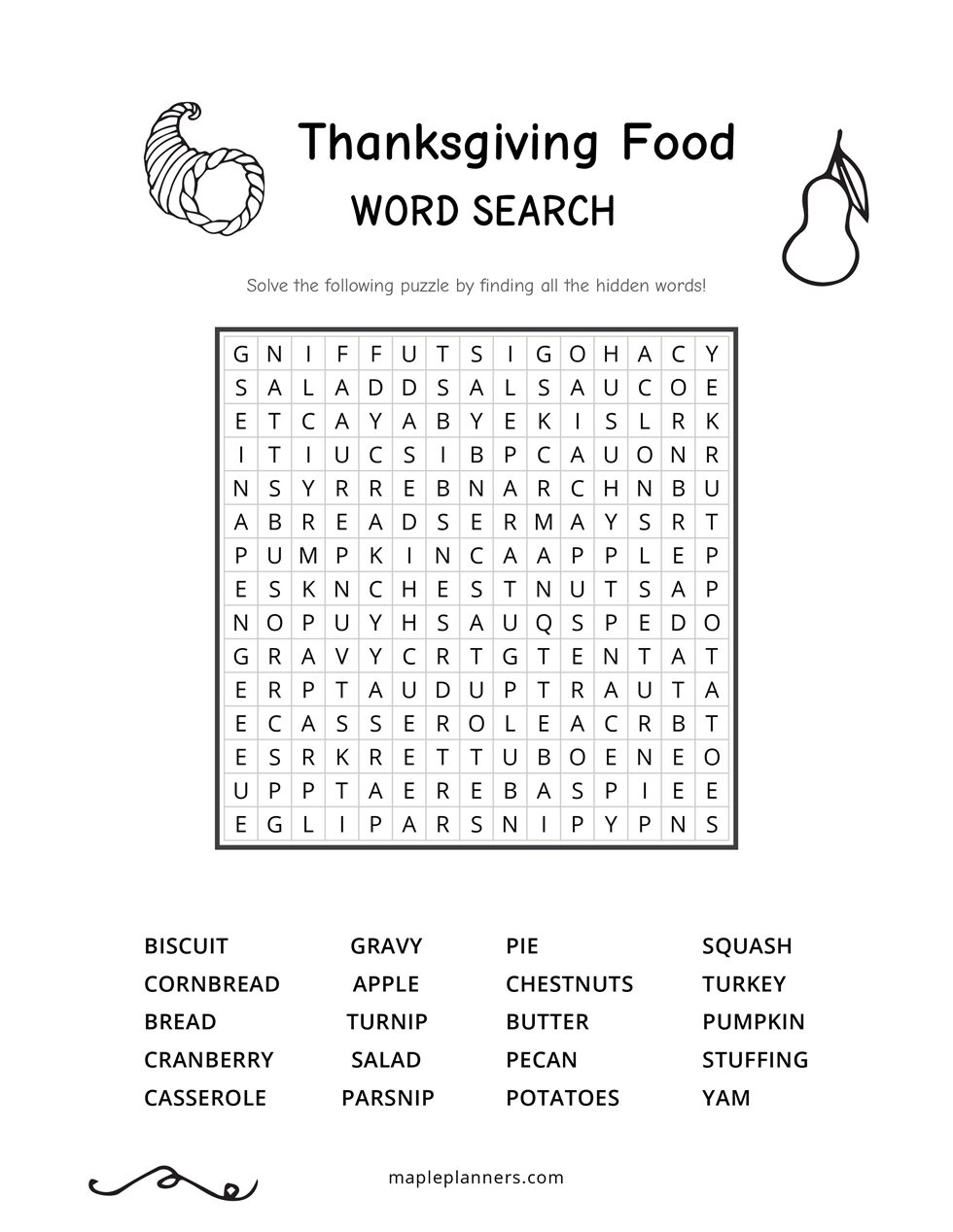 Thanksgiving Food Word Search - Medium